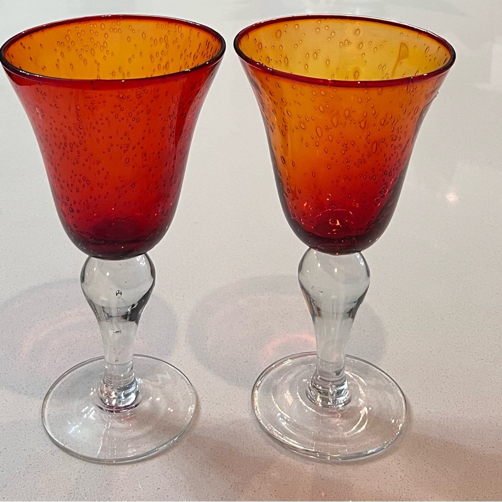 Artland Red‎ Amberina Hand blown Seeded Bubbles Glass Goblets Set Of 2